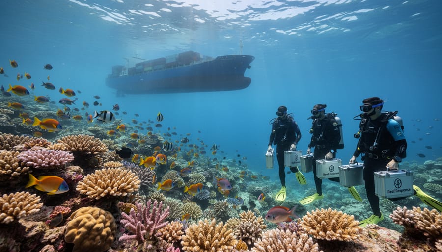 Underwater view of colorful coral reef with tropical fish swimming among healthy coral formations