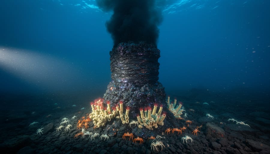 Black smoker hydrothermal vent emitting dark mineral plumes on the deep ocean floor