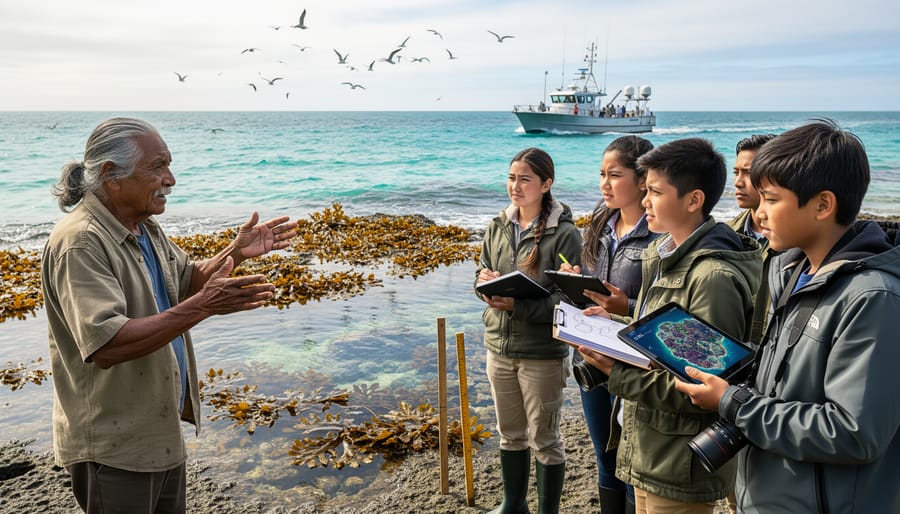 Indigenous elder sharing marine knowledge with young guardian ranger on coastal shore