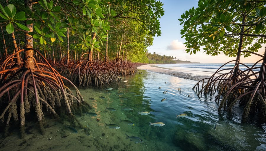 Mangrove forest with exposed aerial roots in shallow coastal water