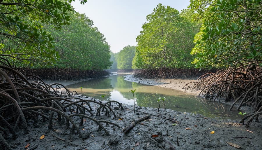 Mangrove forest with visible root systems in shallow coastal water