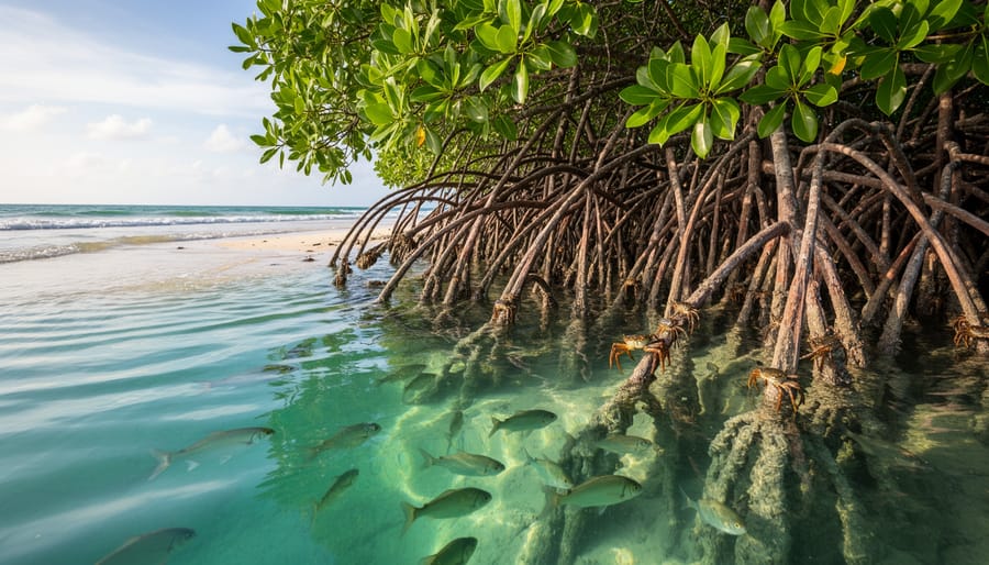 Aerial view of mangrove forest showing intricate root systems in shallow turquoise water