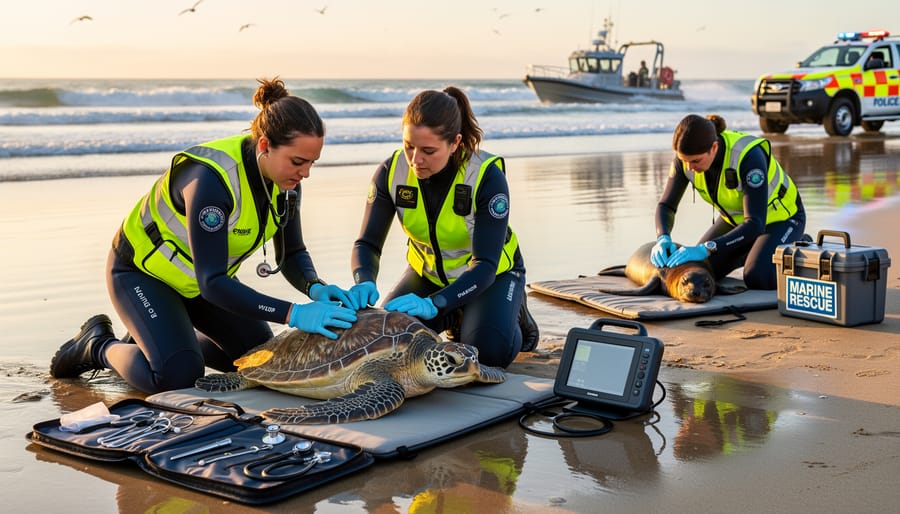 Marine biologist examining sea turtle on medical table in rescue facility
