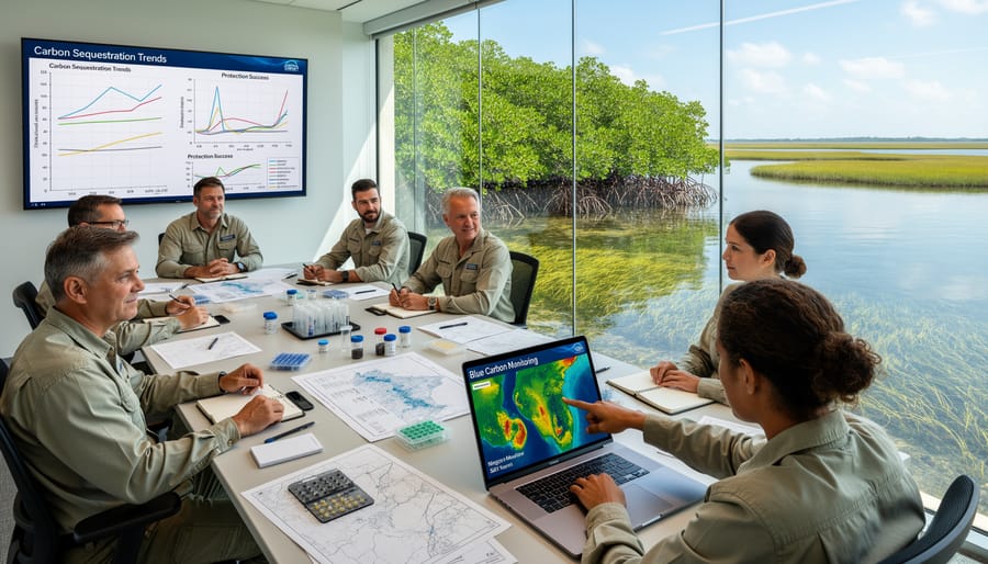 Marine biologist conducting field research in coastal seagrass ecosystem