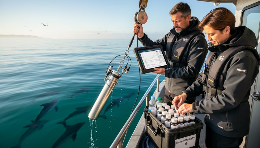Marine biologist collecting water samples near harbor seals for chemical communication research
