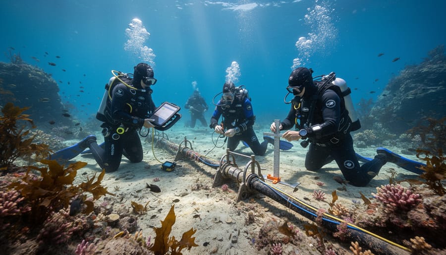 Marine biologist conducting underwater research and monitoring near submarine cable site