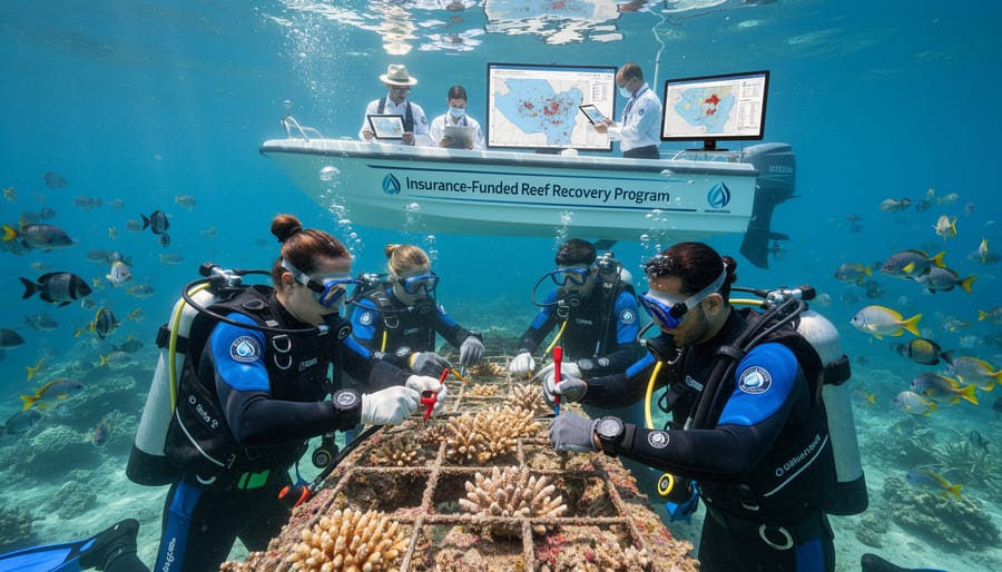 Marine biologist examining coral in shallow ocean water during restoration work