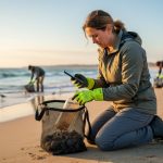 Citizen scientist on a sandy beach wearing gloves, holding a smartphone and placing a plastic bottle into a reusable mesh bag, with other volunteers and shorebirds along the shoreline at golden hour.