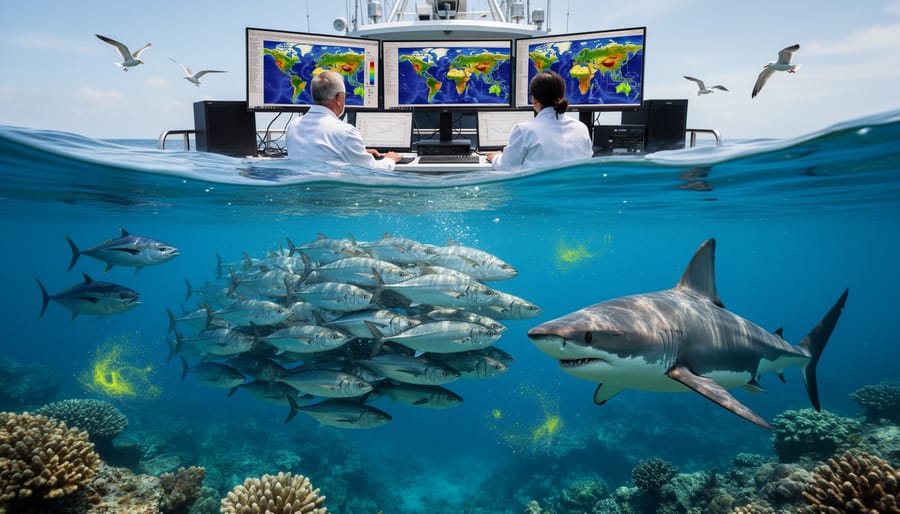 Marine scientist analyzing ocean data on computer in research laboratory