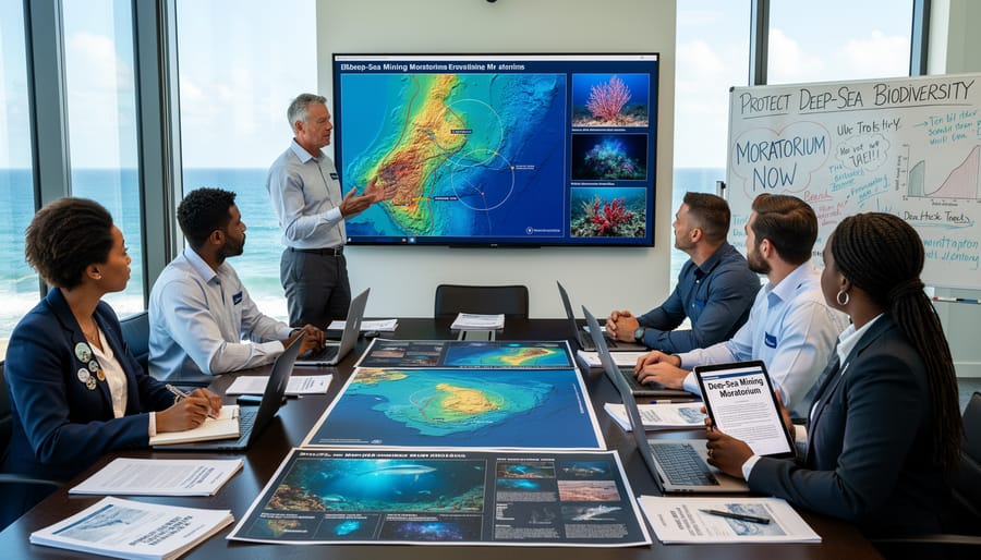 Marine conservation team collaborating on research vessel