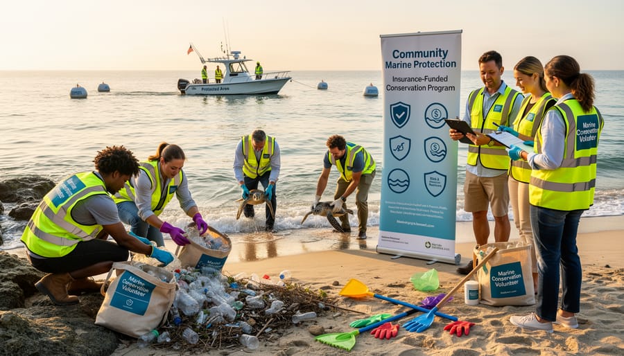 Group of volunteers participating in coastal conservation activities on beach