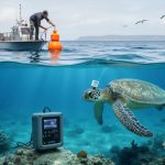 Split-level view of a marine biologist on a research boat releasing an orange sensor buoy above water while an acoustic sensor sits near a coral reef below and a tagged green sea turtle glides past, under bright overcast light with a distant coastline.