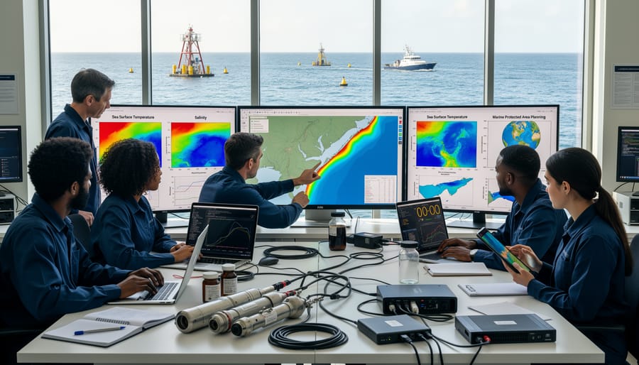 Marine biologist analyzing oceanographic data on laptop at coastal research station