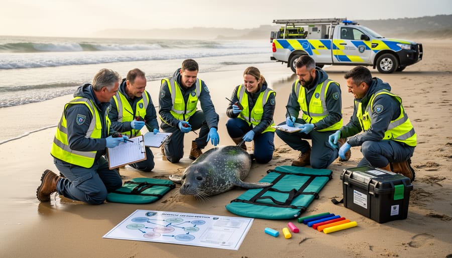 Marine rescue team transporting stranded dolphin on beach stretcher