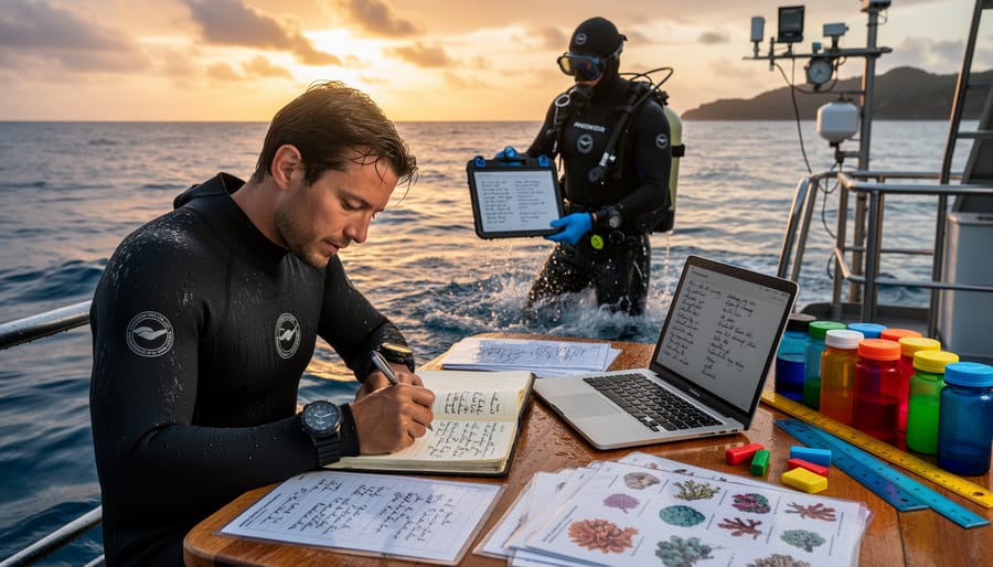 Marine biologist's hands holding field notebook while observing tide pool organisms