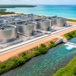 Aerial 45-degree view of a modern mine water treatment plant with stainless steel tanks and clarifiers releasing clear water into a stream leading to a turquoise coastal bay bordered by mangroves under bright overcast light.