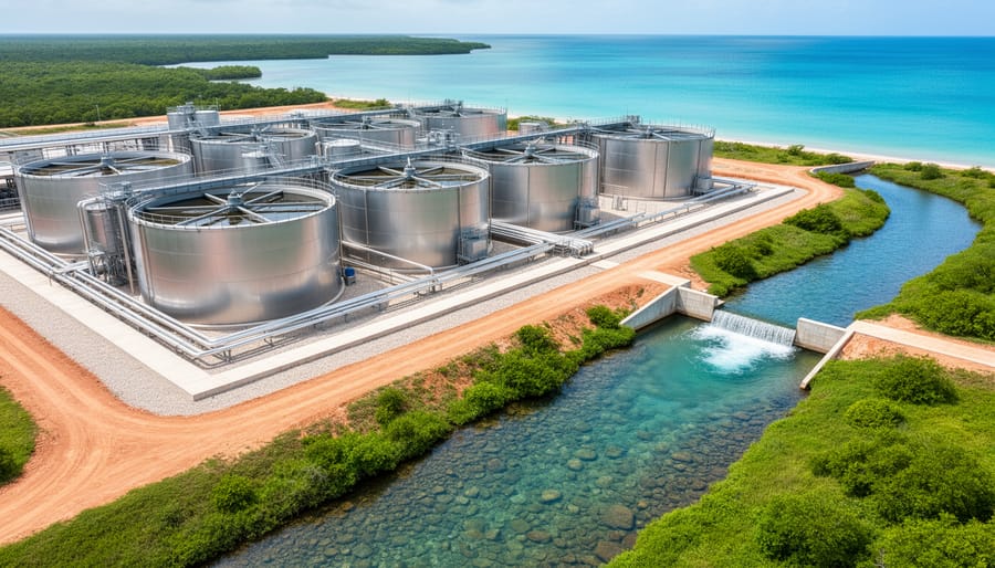 Aerial 45-degree view of a modern mine water treatment plant with stainless steel tanks and clarifiers releasing clear water into a stream leading to a turquoise coastal bay bordered by mangroves under bright overcast light.