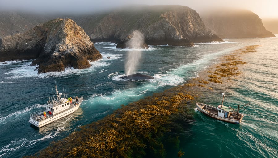 Aerial photograph of a rocky Pacific coastline with broad kelp beds and a distinct slick current line; a research patrol boat and a local fishing skiff sit on opposite sides while a gray whale blows near the line under golden-hour light, with distant headlands fading into fog.