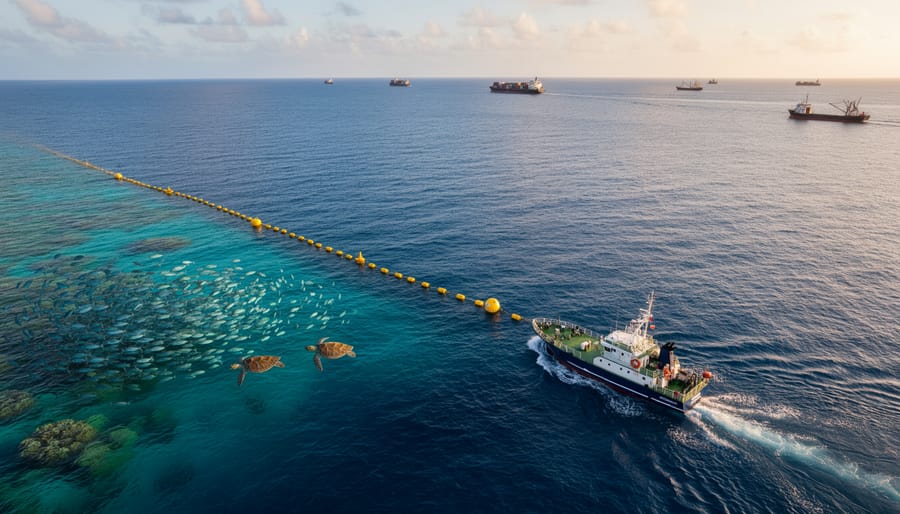 Aerial view of ocean showing natural water color boundary between protected coral reef area and deeper waters