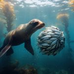 Eye-level underwater view of a California sea lion lunging at a tight school of sardines inside a thinning kelp forest, with soft sunlight shafts and blurred kelp fronds and plankton in the background.