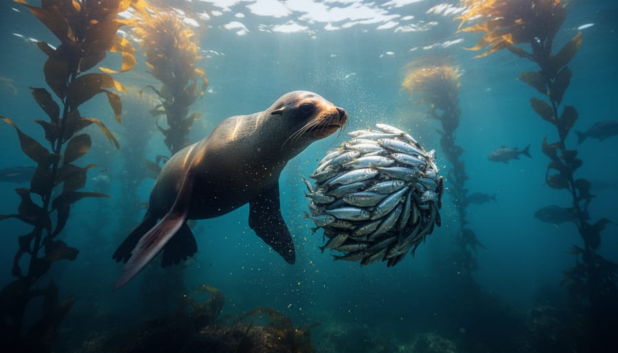 Eye-level underwater view of a California sea lion lunging at a tight school of sardines inside a thinning kelp forest, with soft sunlight shafts and blurred kelp fronds and plankton in the background.