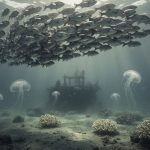 Underwater view of fish clustered near the surface with murky green water below, jellyfish drifting, and bleached coral on a dim reef, suggesting a low-oxygen dead zone
