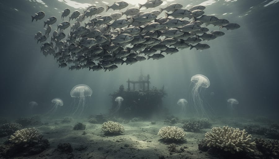 Underwater view of fish clustered near the surface with murky green water below, jellyfish drifting, and bleached coral on a dim reef, suggesting a low-oxygen dead zone