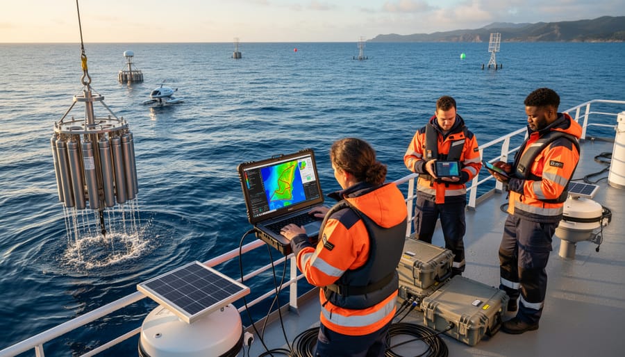 Marine researcher deploying oceanographic monitoring equipment from research vessel
