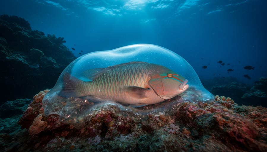 Parrotfish enclosed in transparent mucus sleeping cocoon on coral reef