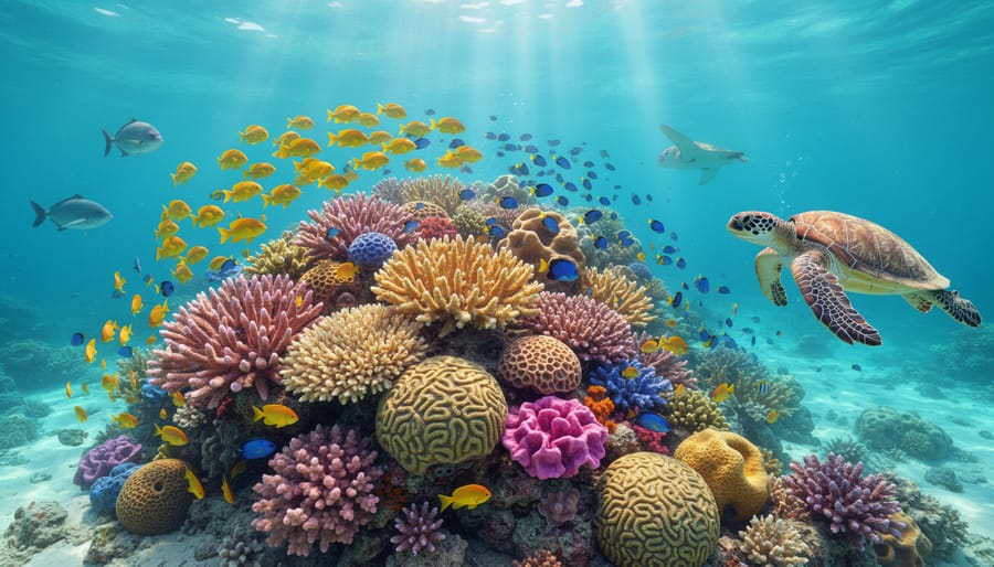 Green sea turtle swimming above vibrant coral reef ecosystem with tropical fish