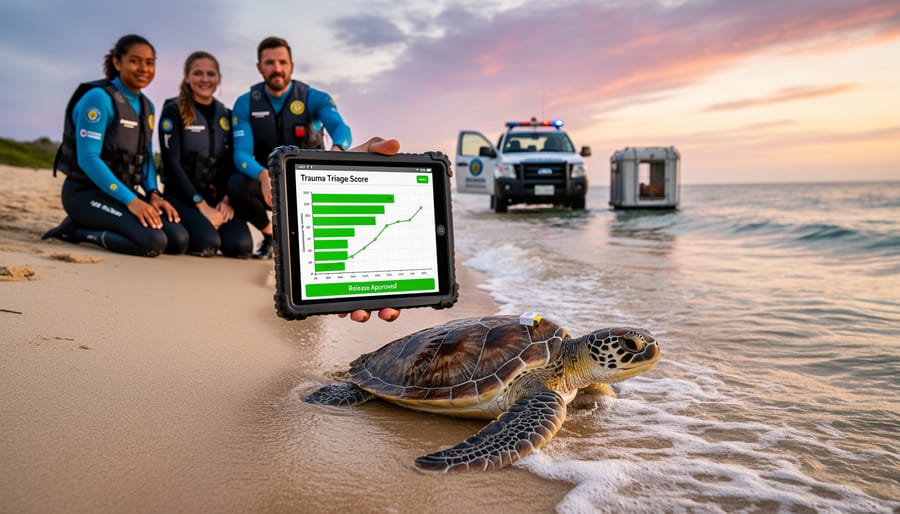 Rehabilitated sea turtle swimming in ocean after successful treatment and release