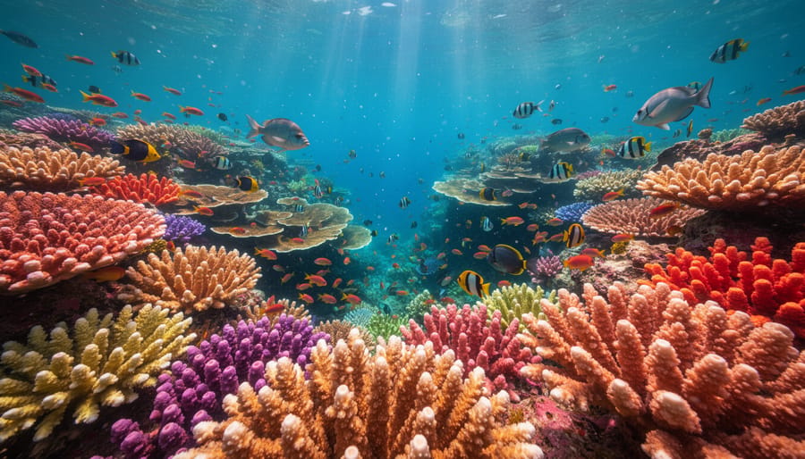 Vibrant restored coral reef with diverse coral species and tropical fish