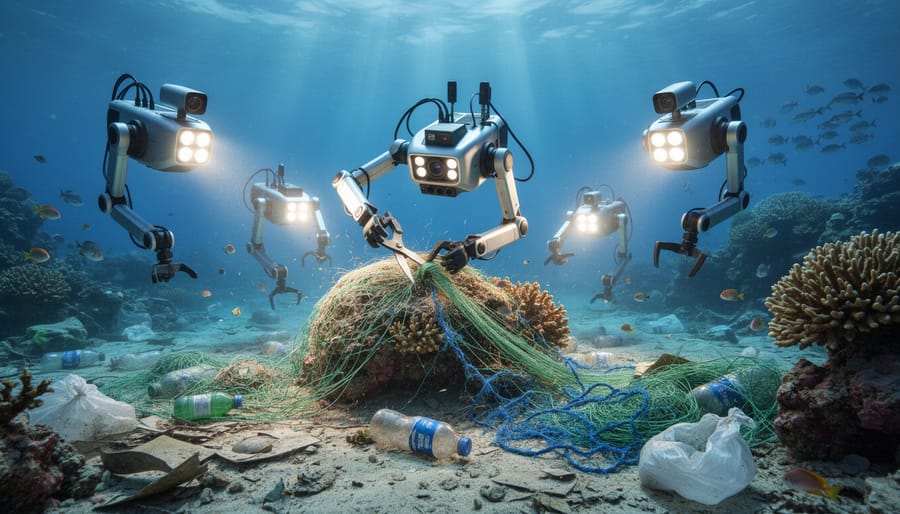 Underwater robot removing abandoned fishing net from coral reef