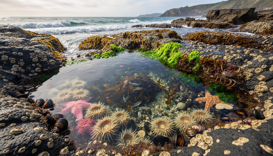 Colorful sea stars and mussels attached to rocks in an intertidal zone at low tide
