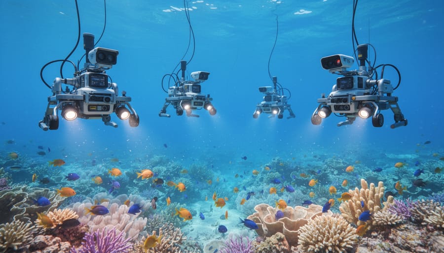 Yellow underwater robot with cameras navigating near colorful coral reef