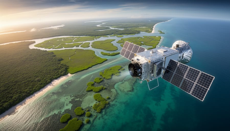 Satellite in low Earth orbit above a curving tropical coastline with vibrant mangrove forests, seagrass beds, and salt marsh mosaics in turquoise waters at golden hour, viewed at an oblique angle.