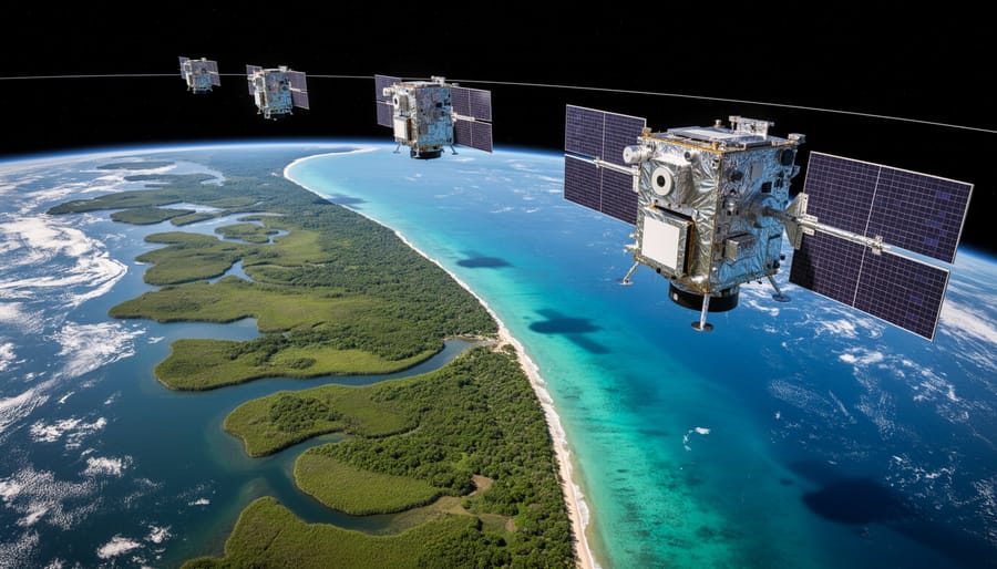 Satellite orbiting Earth with coastal ecosystems visible below