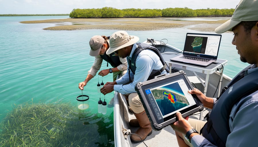 Marine biologist reviewing satellite data on tablet in coastal mangrove restoration site