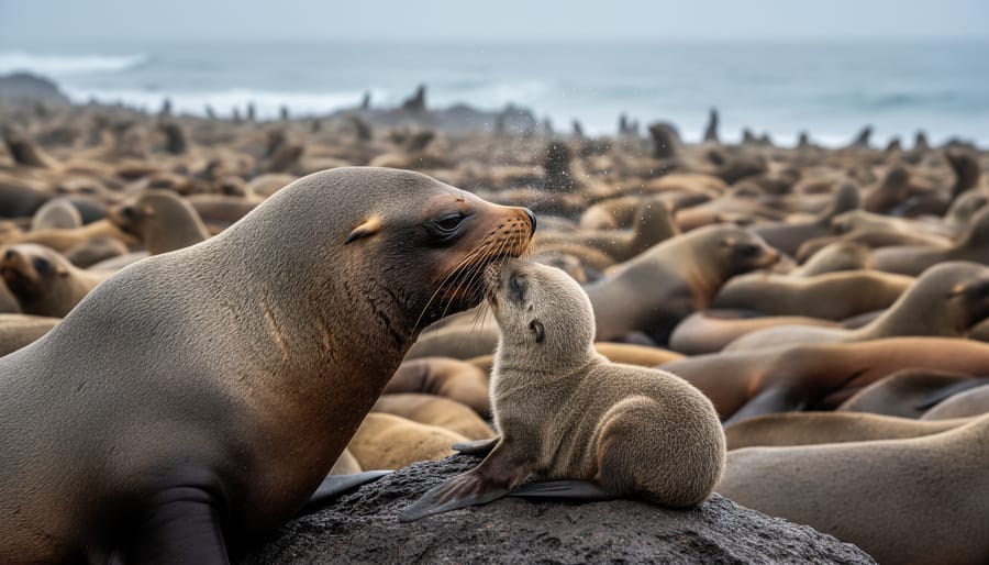 California sea lion mother and pup touching noses in maternal recognition behavior