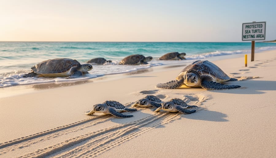 Endangered sea turtle hatchlings making their way to the ocean on protected nesting beach
