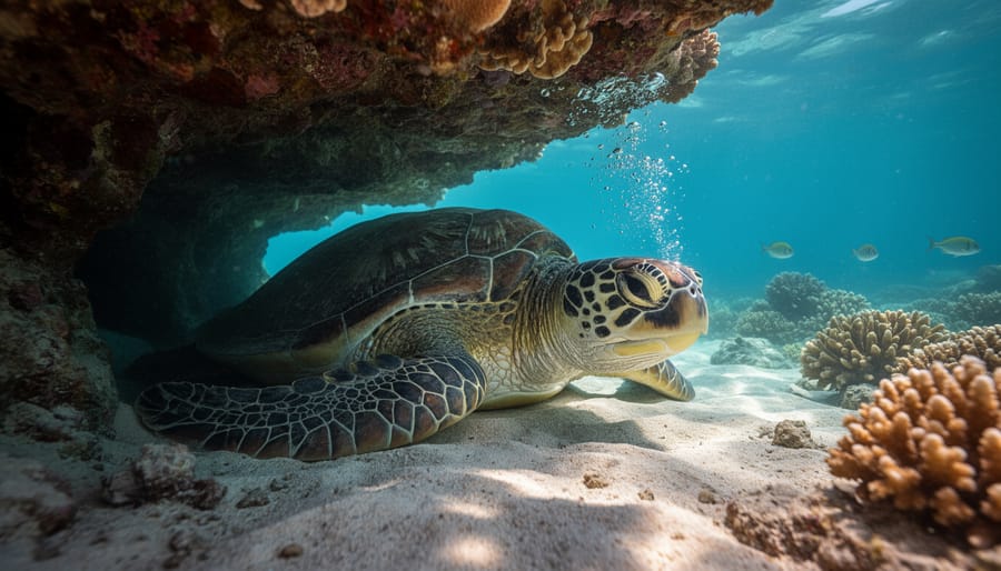 Green sea turtle resting under coral reef ledge in natural sleeping position