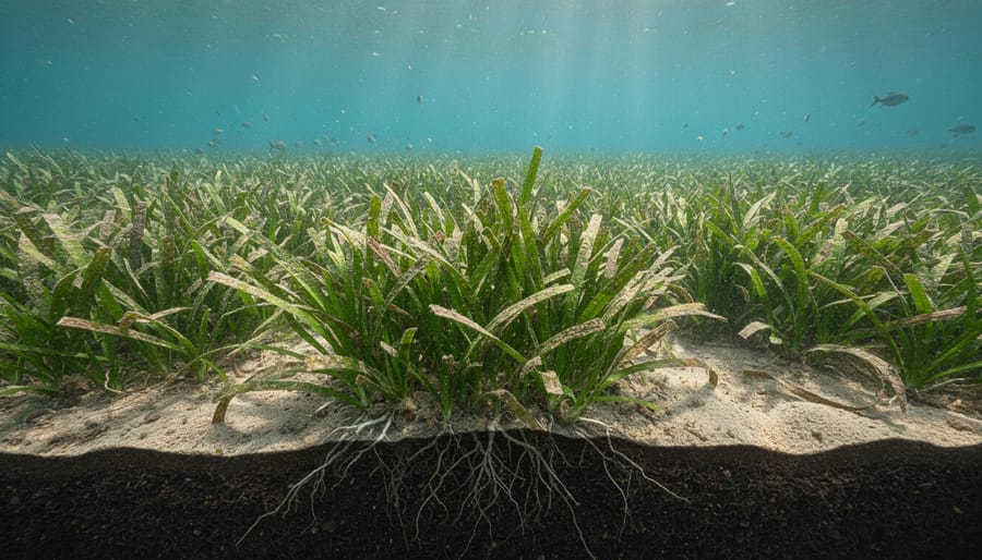 Underwater view of healthy seagrass meadow in clear shallow water