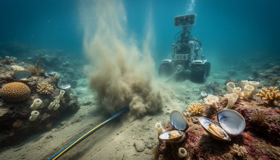 Underwater sediment plume rising from ocean floor during cable burial