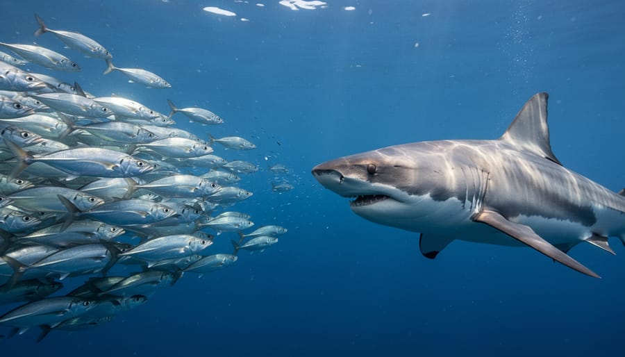 Great white shark hunting school of fish in blue ocean water