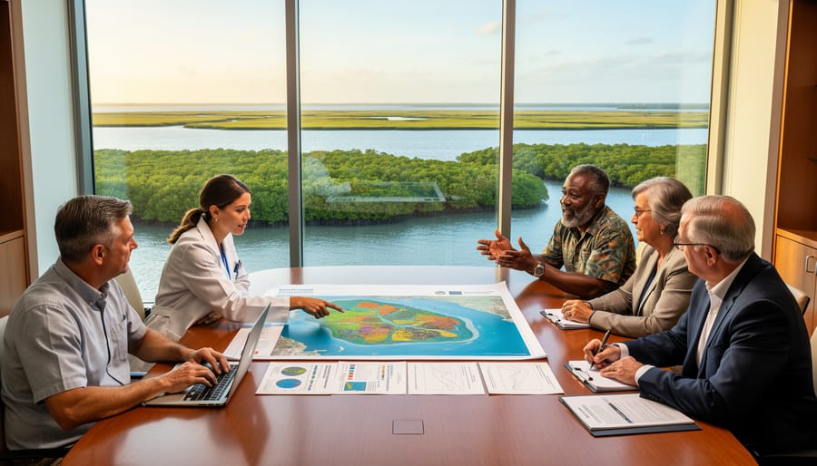 Diverse group of stakeholders collaborating on coastal ecosystem policy planning