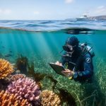 Over-under photograph of a marine scientist diver taking notes next to a coral reef and adjacent seagrass meadow, sunbeams illuminating clear blue water, with a small research vessel and distant coastline above the surface.