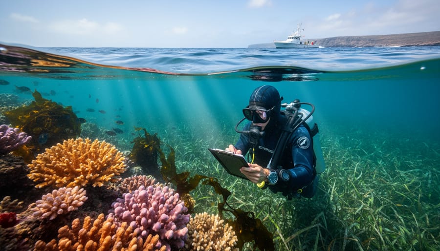 Over-under photograph of a marine scientist diver taking notes next to a coral reef and adjacent seagrass meadow, sunbeams illuminating clear blue water, with a small research vessel and distant coastline above the surface.