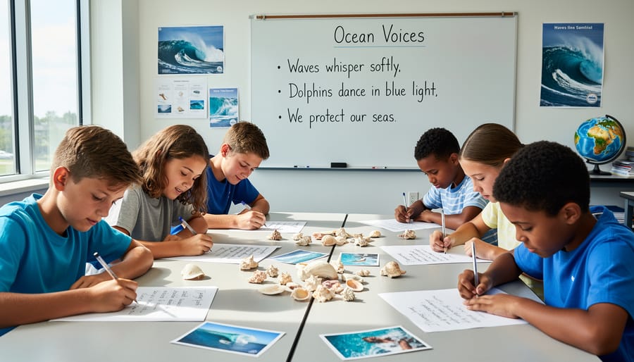 Students observing the ocean while learning about marine conservation through poetry