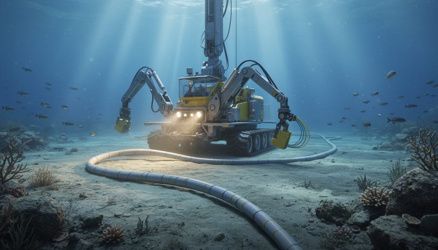 Underwater view of submarine fiber optic cable being installed on sandy ocean floor