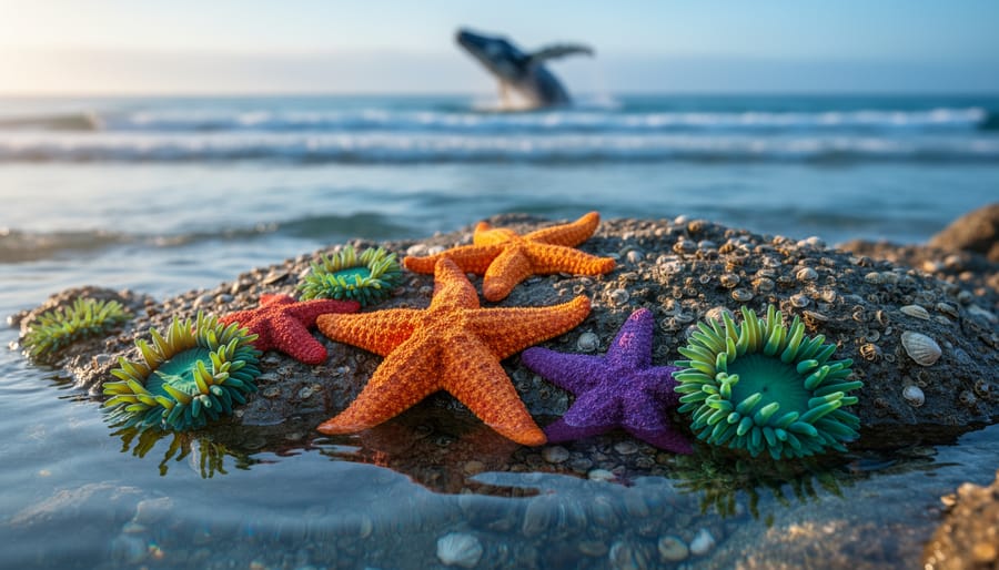 Close-up of a rocky tide pool with starfish and sea anemones in sharp focus at golden hour, with a softly blurred ocean horizon behind showing three gentle wave lines and a distant humpback whale breaching.